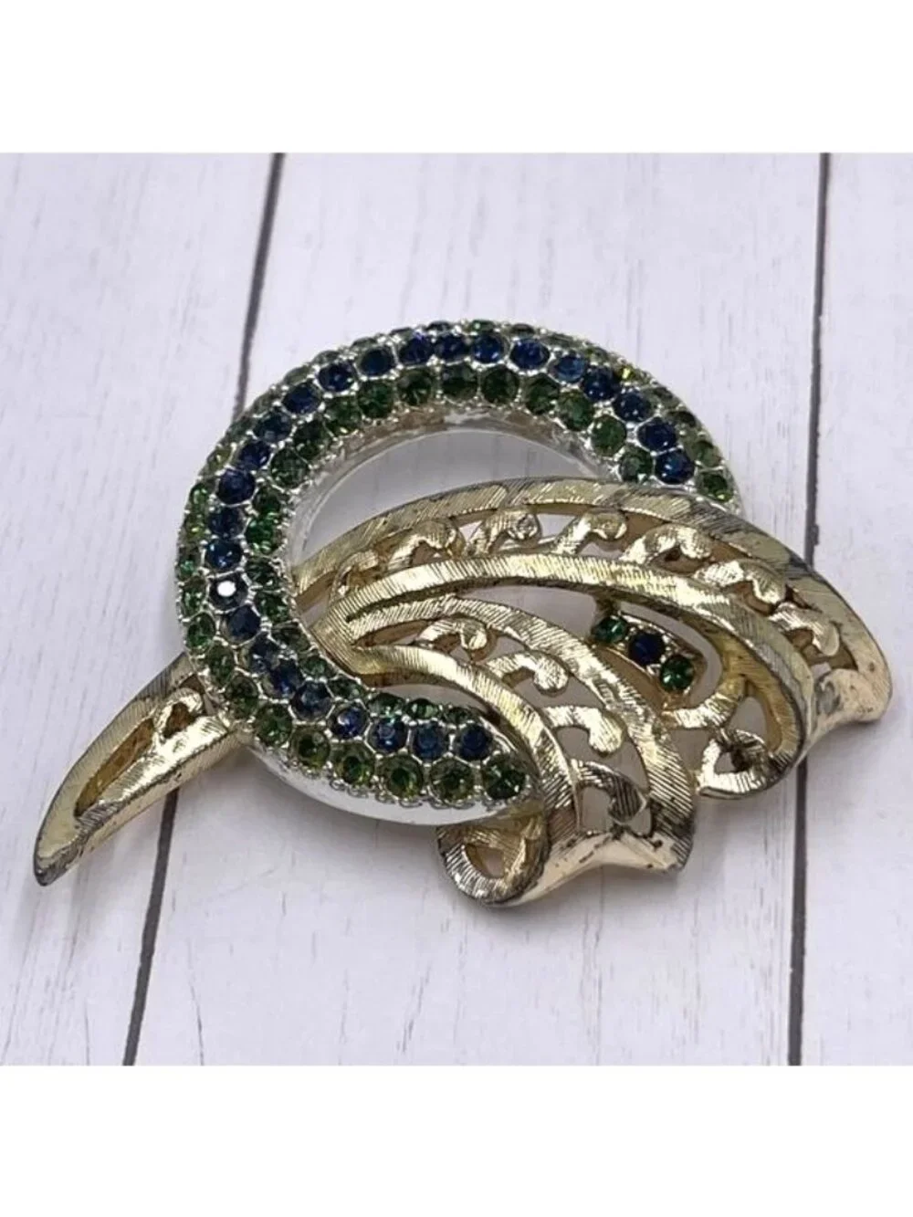 Vintage Rousseau Brooch Round Gold Tone Green Blue Rhinestones 2.25